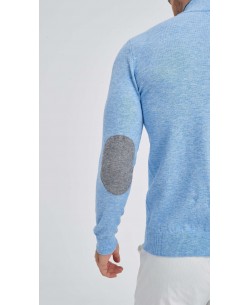 YE-6748-126 High zip neck sky blue jumper with elbow pads