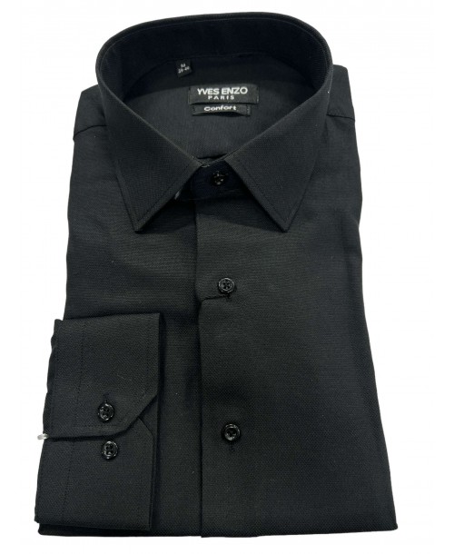 R002-30 Chemise coupe droite en coton piqué - Noir