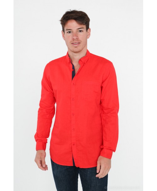 LIN-20-5 Chemise rouge en lin coupe ajustée