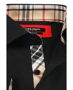 SLIM5029 Black shirt with tartan check inner collar in slim fit