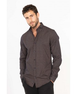 T08-2 Brown stretch shirt NAPOLITAIN prints slim fit
