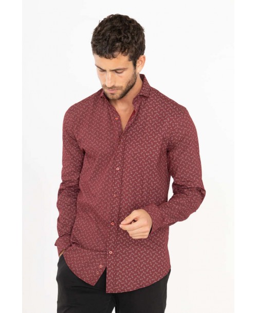 T08-4 Chemise slim fit STRETCH rouge bordeaux motifs NAPOLITAIN