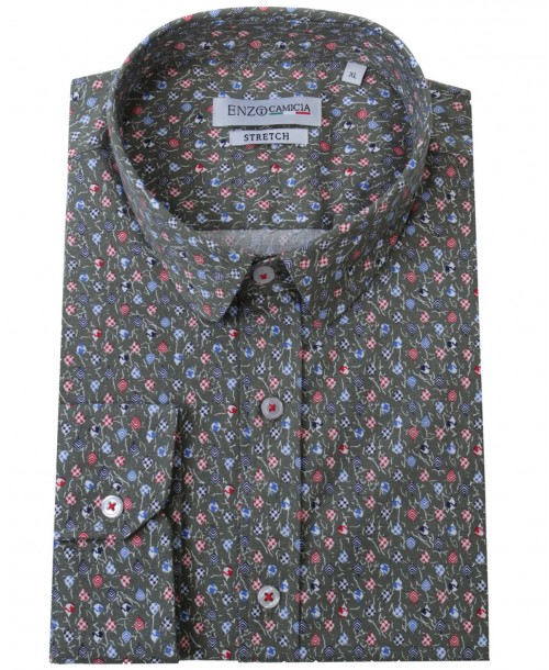 T03-6 Chemise slim fit STRETCH vert kaki à motifs