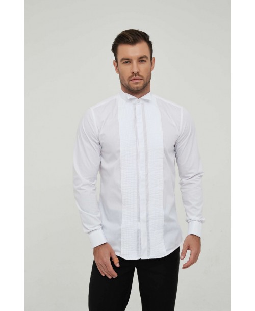 WHT-15-1 Chemise blanche plastron plissé à col cassé en slim fit 