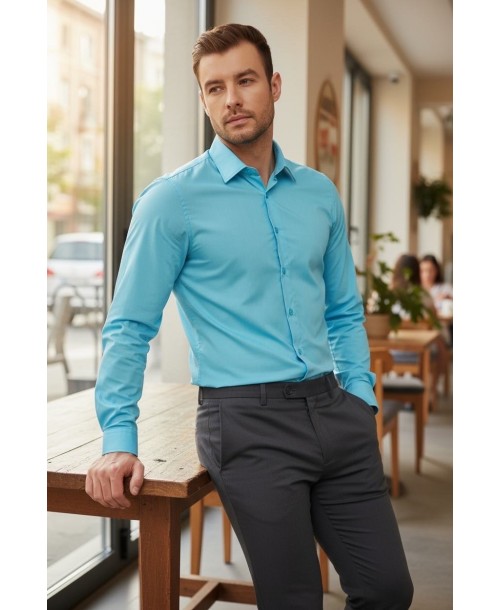 YE-205 Chemise bleu turquoise popeline de coton en coupe confort