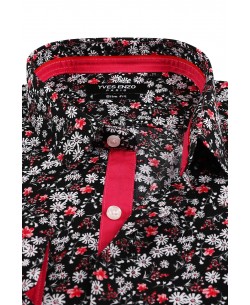 SLIM5042-1 Slim fit black shirt Floral prints