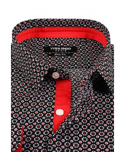 SLIM5042-6 Slim fit black shirt Floral prints red and white