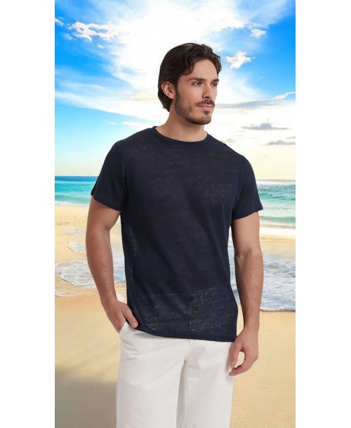 23501-03 T-shirt bleu marine en lin